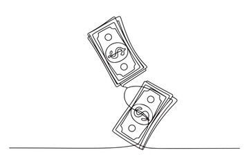 Single continuous line drawing of falling Dollar money. concept one line draw design. one line Icon drawing with white background