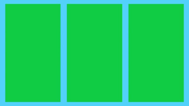 Cyan color animation with three separate screen templates featuring green screen areas, ideal for video editing, compositing, overlay design, and modern motion graphics projects.