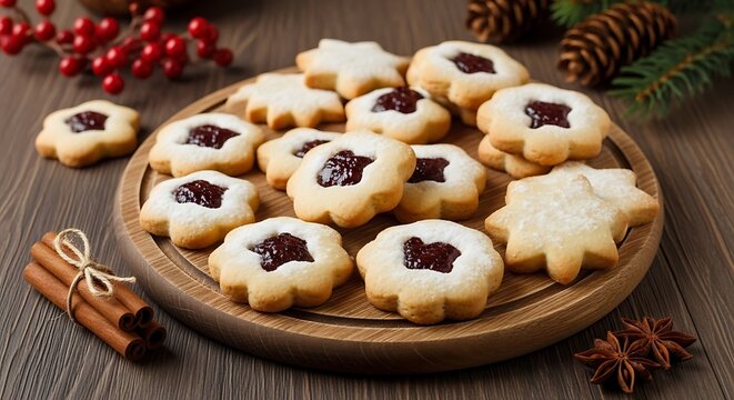 Festive linzer cookies with vibrant red jam filling arranged on a rustic wooden platter adorned with holiday decorations