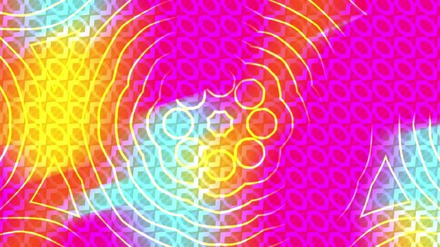 This stunning vibrant background features a modern abstract geometric repeating tile pattern layered over a dynamic electric neon gradient of hot pink yellow and blue. Ideal for digital marketing