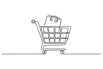 Single one-line drawing easy shopping in e-commerce. E-Commerce concept continuous line draw design. one line Icon drawing with white background