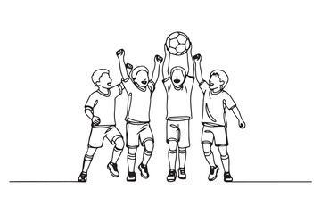 Single one line drawing happy children winning the soccer playing. Team work concept. one line Icon drawing with white background