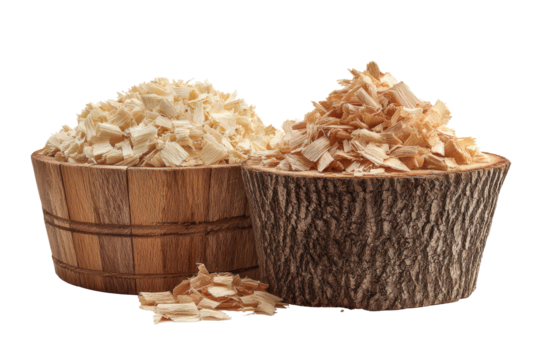 Two wooden bowls filled with wood shavings, one light, one darker