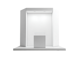 White, hexagonal display stand with a raised platform and a small, clear pedestal.  Empty, modern, presentation, exhibition, product showcase