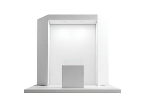 White, hexagonal display stand with a raised platform and a small, clear pedestal.  Empty, modern, presentation, exhibition, product showcase