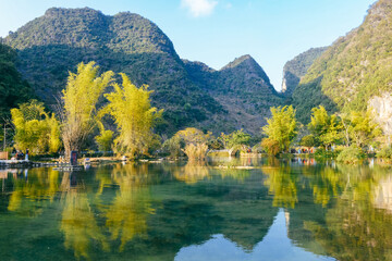 Drone view of E'Quan spring (Goose Pond) karst landscape in winter in Jingxi Guangxi, China