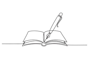 Single one line drawing Pen writing on book. Education concept. Continuous line draw design. one line Icon drawing with white background