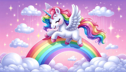 Obraz premium A unicorn on a rainbow, Ai generated image