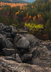 Certova Stena, rock sea, field of eroded granite stones in autumn. Czech nature reserve near city Vyssi Brod