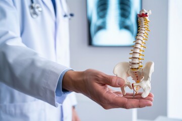 Expert Diagnosis: A medical professional delicately presents a detailed anatomical model of a spine, with a subtle x-ray in the background. Illustrating meticulous care and attention to human anatomy.