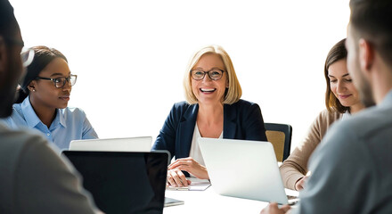 Obraz premium Smiling businesswoman leading a meeting isolated on transparent background