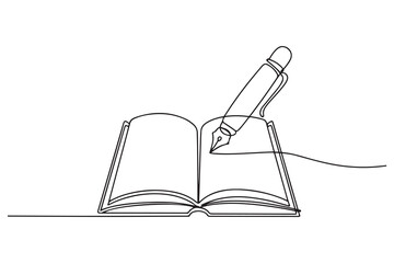 Single one line drawing Pen writing on book. Education concept. Continuous line draw design. one line Icon drawing with white background