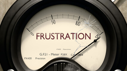 Frustration meter showing high levels of frustration. Dangerously increasing values of frustration, critical overload. Too much, off the charts. Max frustration ,3d illustration