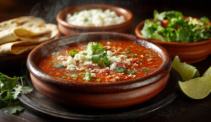 Steaming bowl of red soup topped with crumbled white cheese and cilantro served with tortillas and salad