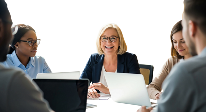 Smiling businesswoman leading a meeting isolated on transparent background