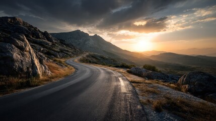 A scenic asphalt road stretching toward mountains at sunset with clouds glowing in warm tones, highly detailed and cinematic.