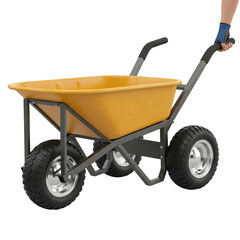 Yellow wheelbarrow with black frame and tires isolated illustration on transparent background
