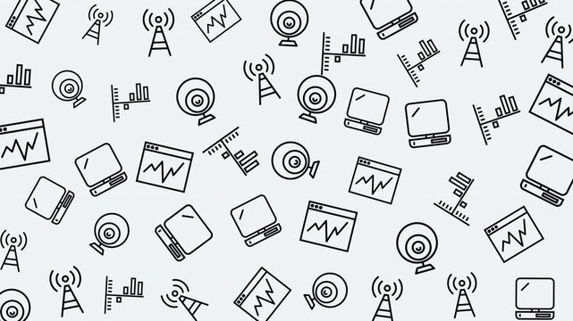 Seamless Technology Icons Pattern, Digital Communication Symbols, Graphic Illustration, White Background, Repetitive Design, Flat Line Art, Abstract Concept