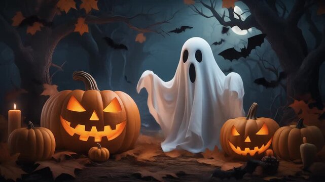 halloween pumpkin with bats and ghost