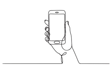 Single one line drawing hand holding smartphone. Social media concept. one line Icon drawing with white background