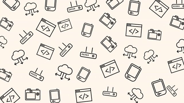 Seamless Programming and Technology Icons Pattern, Digital Graphic Design, Flat Vector Illustration, Technology Environment, Top-Down View, Coding Concept