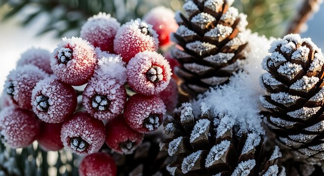 Close up of frosted red berries and pinecones on a pine branch showcasing the delicate beauty of winter s icy touch
