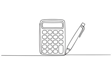 Continuous one line drawing calculator with pen. Budget planning concept. one line Icon drawing with white background