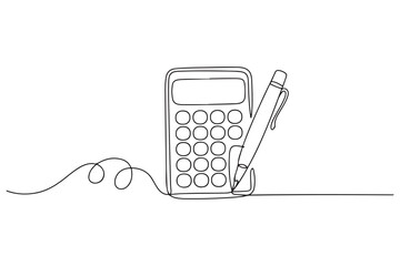 Continuous one line drawing calculator with pen. Budget planning concept. one line Icon drawing with white background