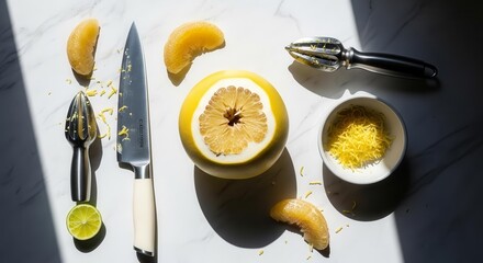 Fresh Citrus Preparation, Featuring Knife, Zester, Juicer, and Zest on a Marble Surface