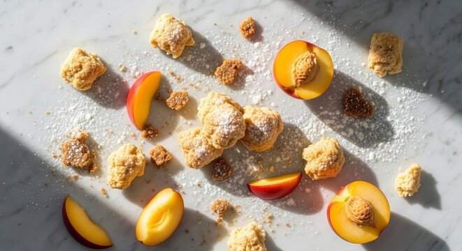 Fresh Fruit Dessert with Crumble Topping Delightfully Arranged on Marble