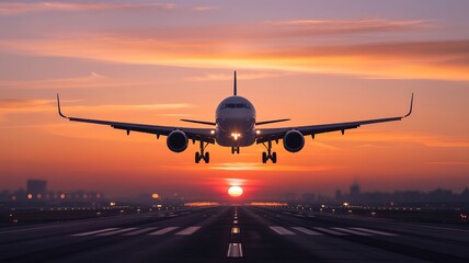 Airplane Landing on Runway at Sunset with City Lights in Background aircraft