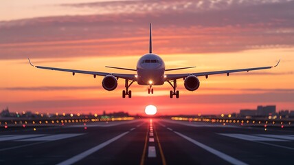 Airplane Landing on Runway at Sunset with City Lights in Background aircraft