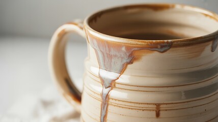 Close-up of a Textured Ceramic Mug with Caramel Glaze Drips pottery handmade