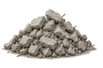 Gray concrete rubble pile from building demolition on transparent background, showing construction waste and debris
