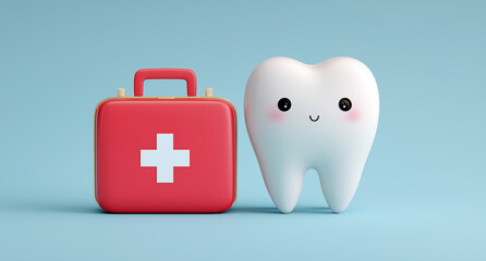 Cute cartoon tooth with smiling face next to red first aid kit on blue background dental medical