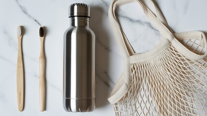 Eco-friendly personal care and shopping items on a marble surface sustainable bamboo toothbrushes