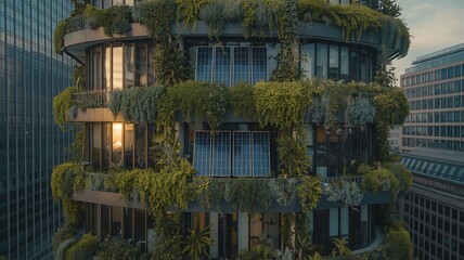 Futuristic Skyscraper Covered in Lush Greenery and Solar Panels building architecture