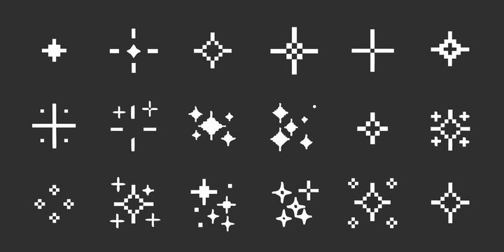Collection of pixel art starbursts and sparkles in various designs and sizes on a dark background