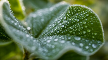 Macro photograph of green leaf with numerous tiny water droplets in soft morning light water drops