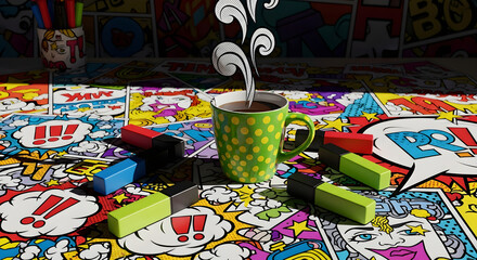 Fototapeta premium Steaming coffee mug on a vibrant pop art comic book background with colorful markers and pens