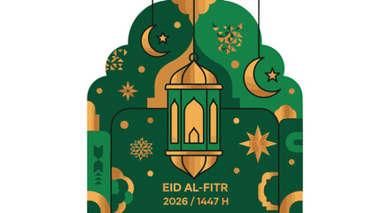 Islamic Eid Al Fitr celebration lantern and crescent moon design.