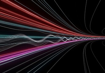 Abstract neon light trails streak through dark space, dynamic speed motion