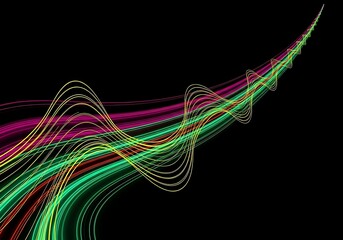 Vibrant neon light trails sweep across a dark digital abstract background