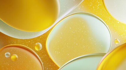 Mustard-yellow 3D liquid circles with halftone textures and floating coins, creating a surreal wealth-inspired backdrop.