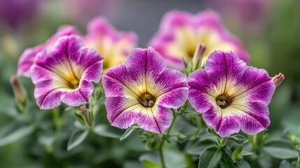 Mix of Multiflora petunias blooming in flower garden