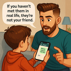 A modern illustration about child digital safety. A reminder that online friends aren’t always real. About protection from online scammers.
