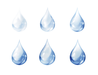 Six water droplets, varying slightly in light and texture, arranged in a grid pattern.  Each droplet displays a reflective, translucent quality