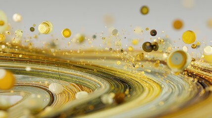 Mustard-yellow 3D liquid circles with halftone textures and floating coins, creating a surreal wealth-inspired backdrop.