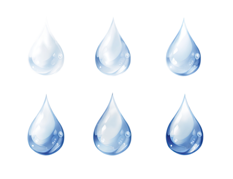 Six water droplets, varying slightly in light and texture, arranged in a grid pattern.  Each droplet displays a reflective, translucent quality
