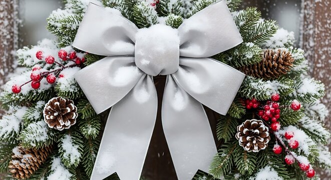 A beautifully decorated christmas wreath adorned with a large silver bow pinecones and festive red berries perfect for holiday home decor